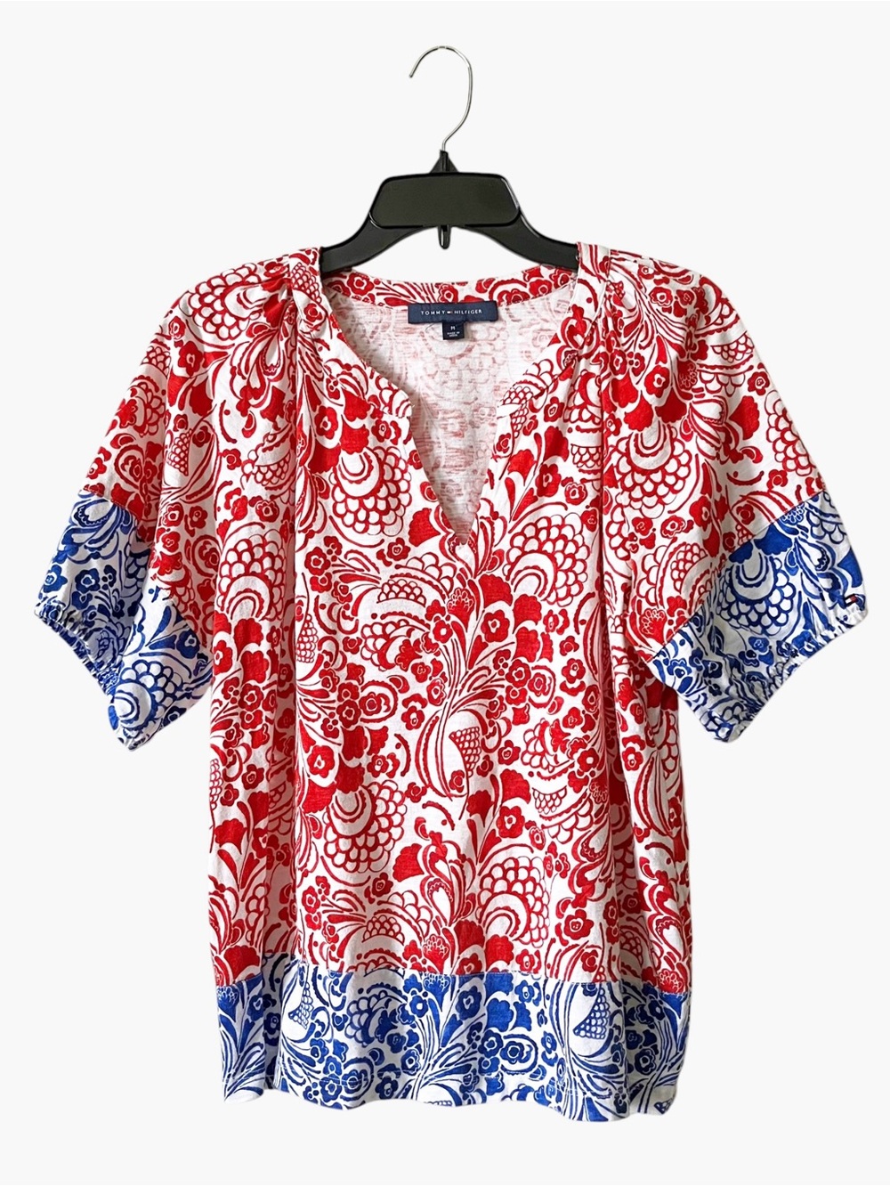 Tommy Hilfiger T-Shirt Women's Size M Red Blue Cotton Floral Puffed Sleeve Top